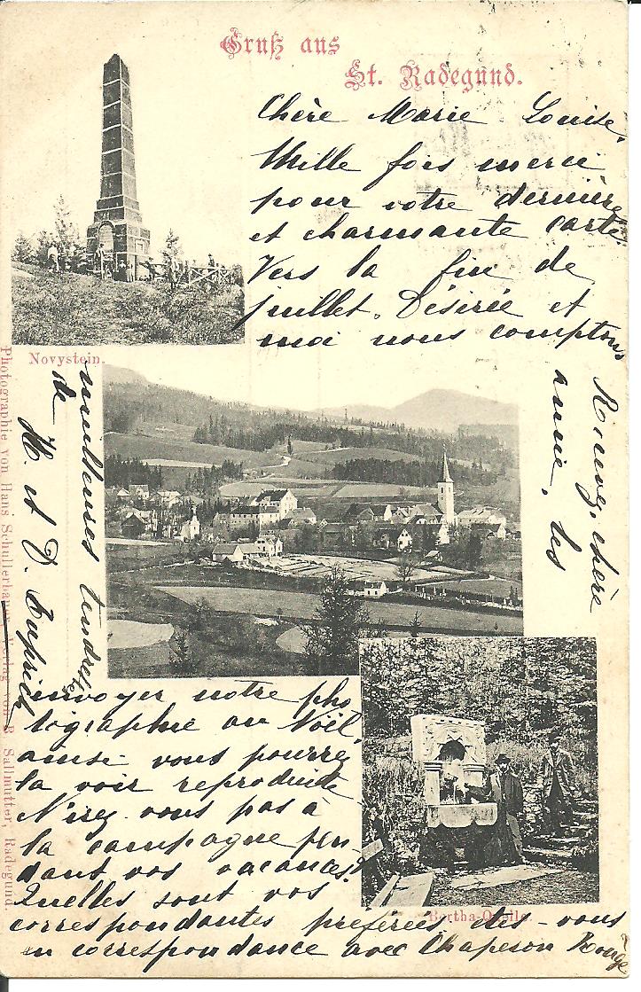 AK Gruß aus St. Radegund mit Novystein, Ortsansicht und Berthaquelle 1900